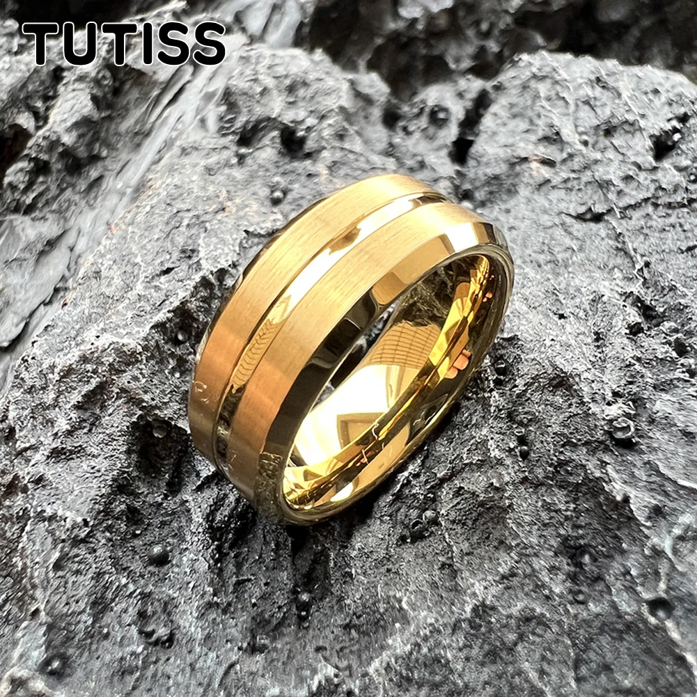TUTISS 8mm Gold Rose Color Tungsten Carbide Ring Men Women Wedding Band Center Groove Brushed Beveled Edges