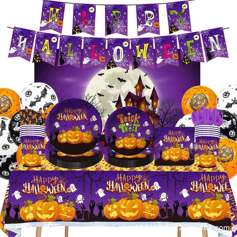 

2023 New Halloween Theme Party Decoration Anime Party Supplies Tableware Cup Plate Tablecloth Napkin Knife Spoon Fork Kid Gifts