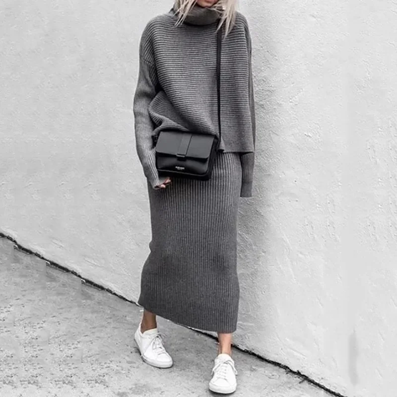 Knitted 2-piece Set Women's Fall/winter Leisure High Neck Loose Sweater +Knitted Skirt Suit Elegant and Fashionable Knitted Suit norah jones the fall 1 cd