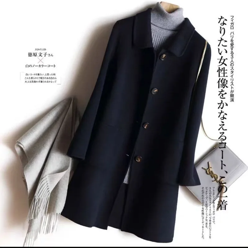 2023 Spring Autumn Hot Sale Double Sided 100% Woolen Overcoat Women Korean Style Breasted Long Casual Loose Fashion Wool Coat