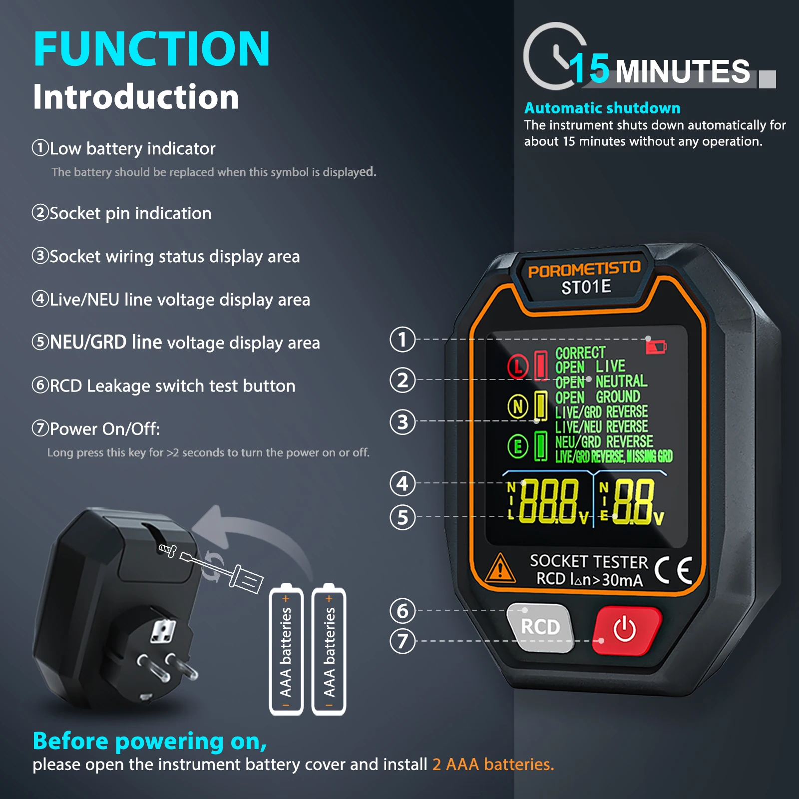 POROMETISTO ST01 Digital Socket Tester Color Screen UK/EU/US Circuit Checker RCD Socket Detector Data Hold Polarity Tester