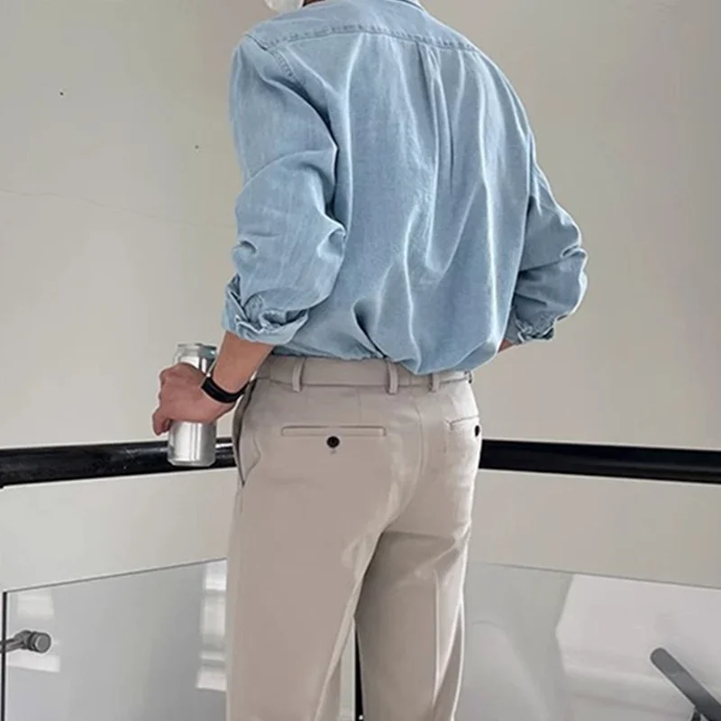 Streetwear Mens Denim Shirts Fashion Patchwork Pockets Long Sleeve Jean Shirt Vintage Solid Color Button Denim Cardigans
