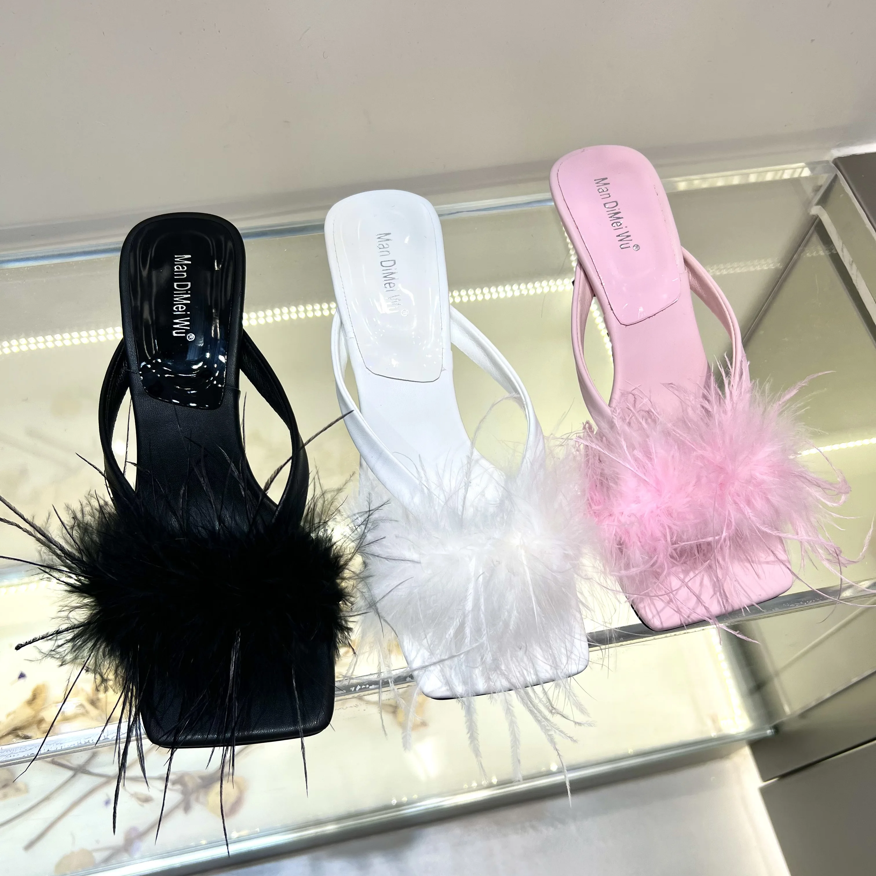 Open Toe Women Slippers Black White Pink Summer Outside Slides Thin High Heels Slip On Summer Dress Shoes Fur Design Elegant