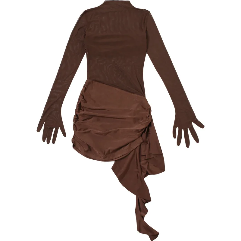 Mesh Hollow Out Sexy Mini Dress For Women See-Through High Waist Pleated Slim Bandage Gown Dress Female Y2k Mini Dress New