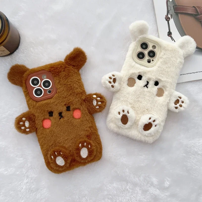 Per Samsung Galaxy S23 Fe A24 A04 A04E A14 4G A54 5G S23 S22 Ultra S23 + Cute White Bear Brown Bear Ears Case Cover Posteriore In Peluche