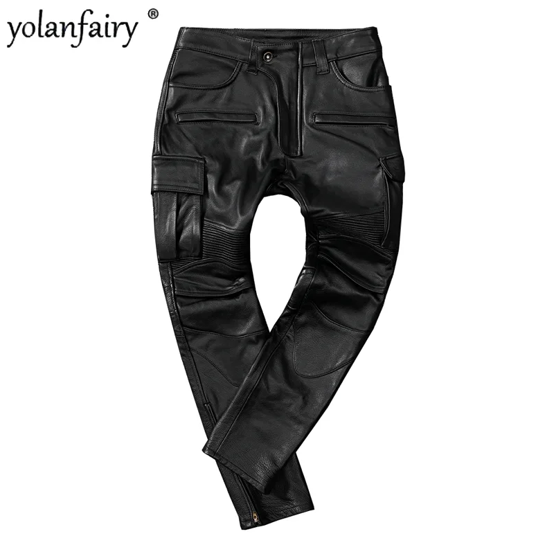 

Natural Leather Pants for Men Soft Pure Cowhide Motorcycle Pants Can Add Protective Gear Hunting Cycling Trousers Pantalones FCY