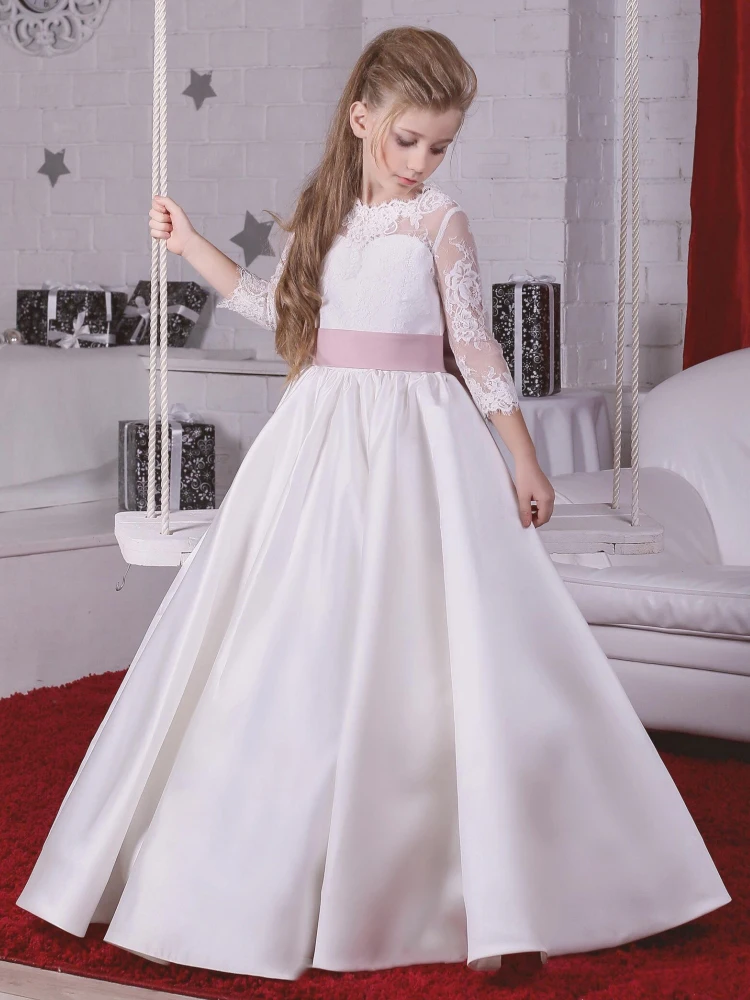 

Flower Girl Dresses White Satin Appliques With Pink Bow Long Sleeve For Wedding Birthday Banquet First Communion Gown