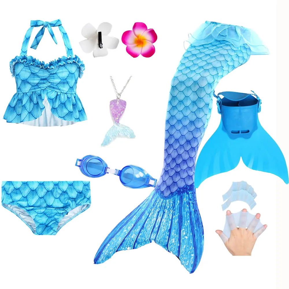 Girls Mermaid Tailskin Swim Dress Cosplay Children Blue Mermaid Tail With Bikini Tops Shorts Monofin Anime Costume