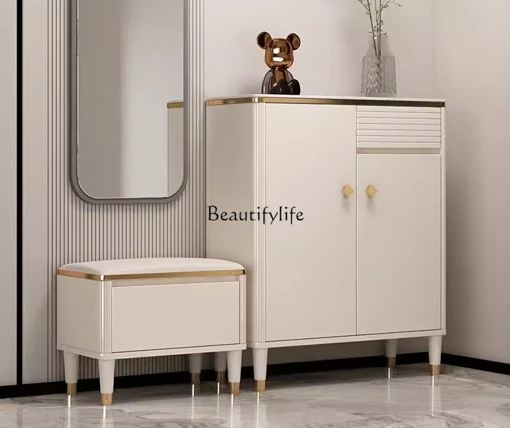 

Cream Style Entrance Cabinet Modern Stone Plate Home Storage Shoe Cabinet