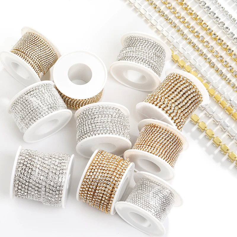 1Yard 10Yards/Roll Shiny Rhinestone Chain SS6-SS16 Gold Silver Crystal For Clothes DIY Jewelry Sewing Trimmings Accessories