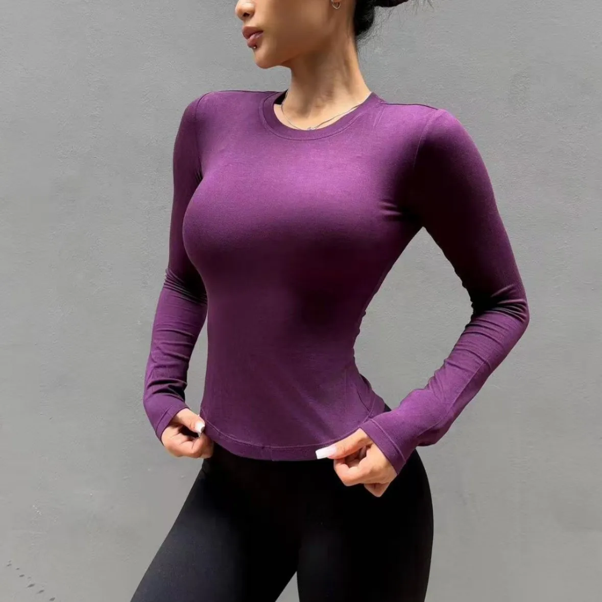 플리스 안감 따뜻한 라운드넥 슬림핏 긴팔 요가 탑 여성용 고탄력 스포츠, 러닝, 피트니스, 아우터웨어용 탑