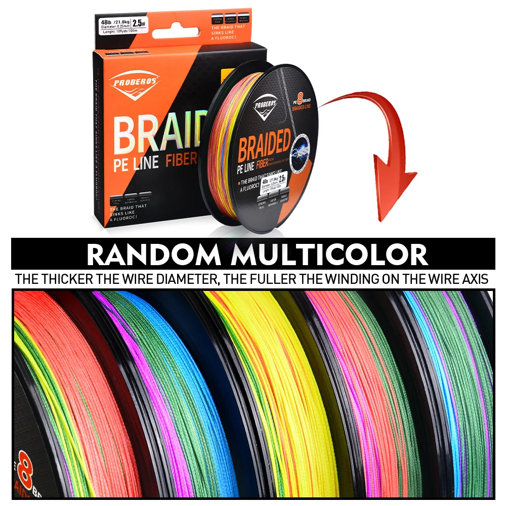 PROBEROS Ultra-Durable Braided Fishing Line - 8 Strands, 100m/109YDS, PE Multifilament Anti-Abrasion
