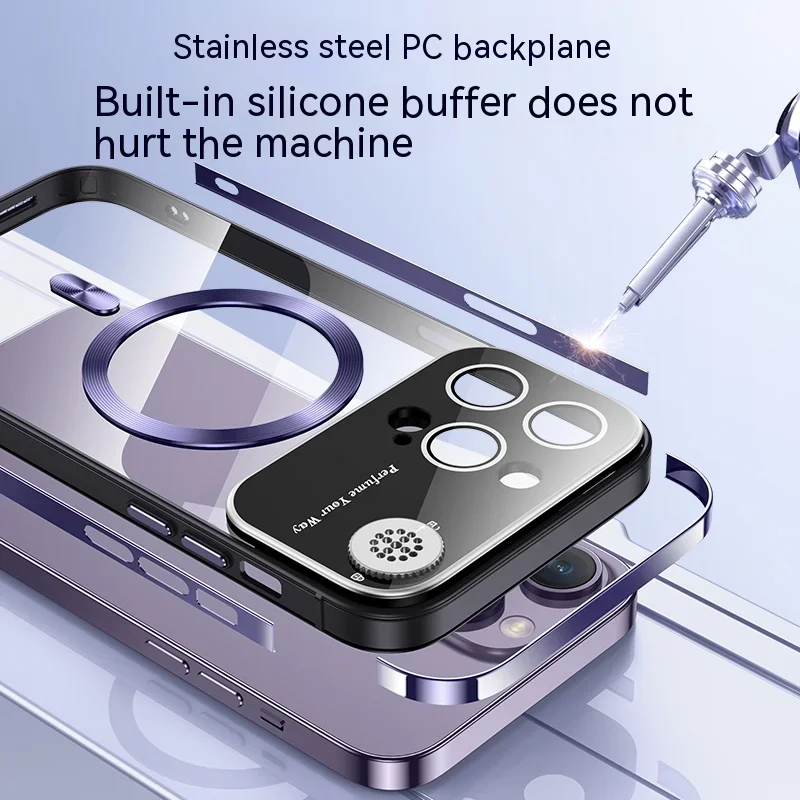 2024 Metallic stainless steel frame magnetic full lens primary color back case for iPhone 14 13 Pro Max case