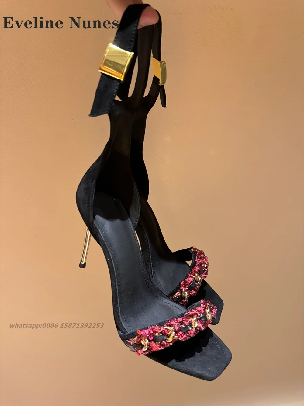 Crystal Winding Metal Heel Sandals Square Toe Cover Heel Side Air Women Heels One Word Buckle Luxury Elegant Shoes 2024 Trend