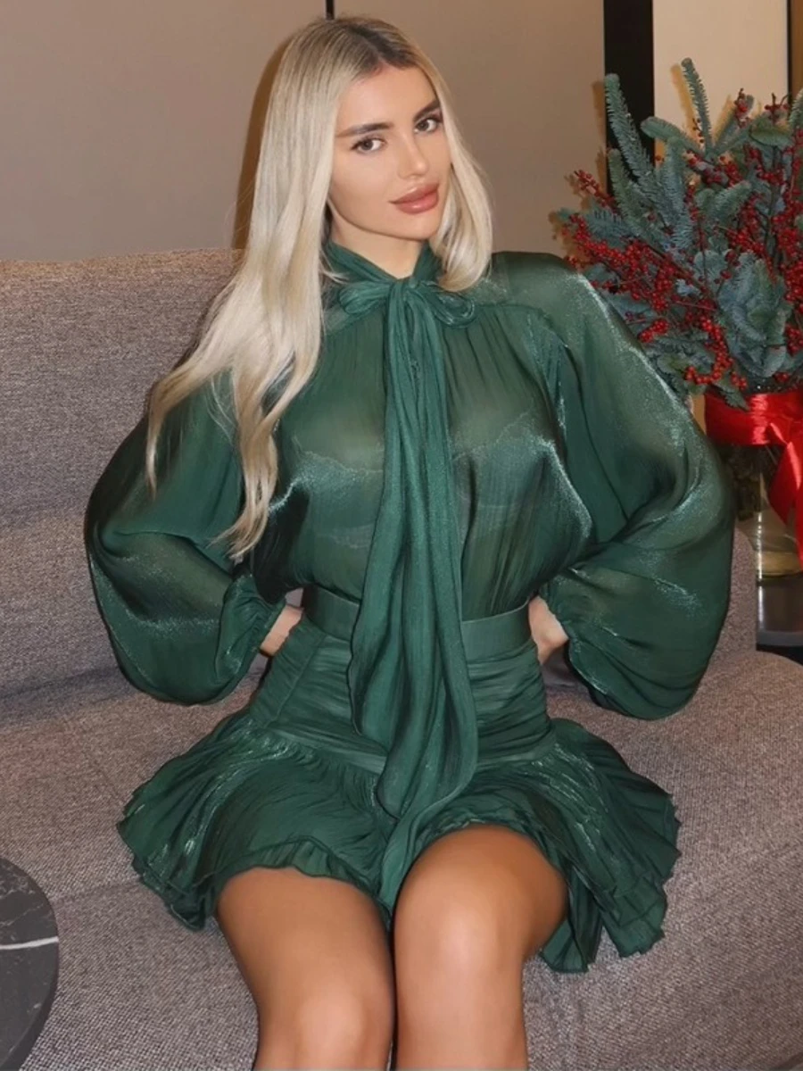 bornladies Fashion High Waist Pleated Midi Skirt Casual Set Women Elegant Chiffon Long Sleeve Shirt Ruffle Hem Skirt Party Wear