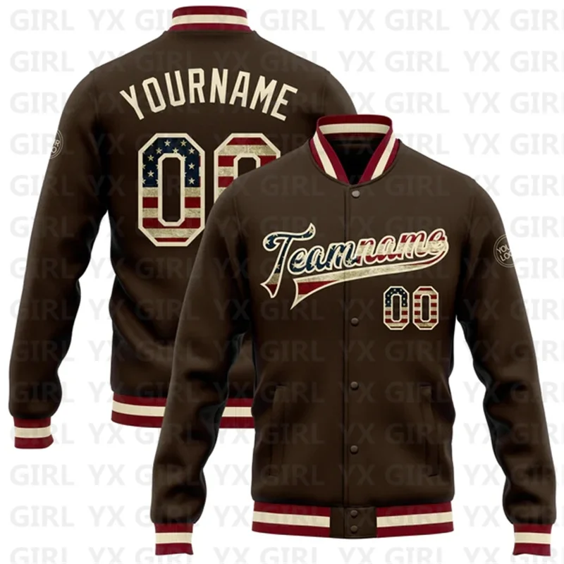 

Custom Brown Vintage USA Flag OR-Maroon Bomber Full-Snap Varsity Letterman Jacket 3D Printed Baseball Button Jacket