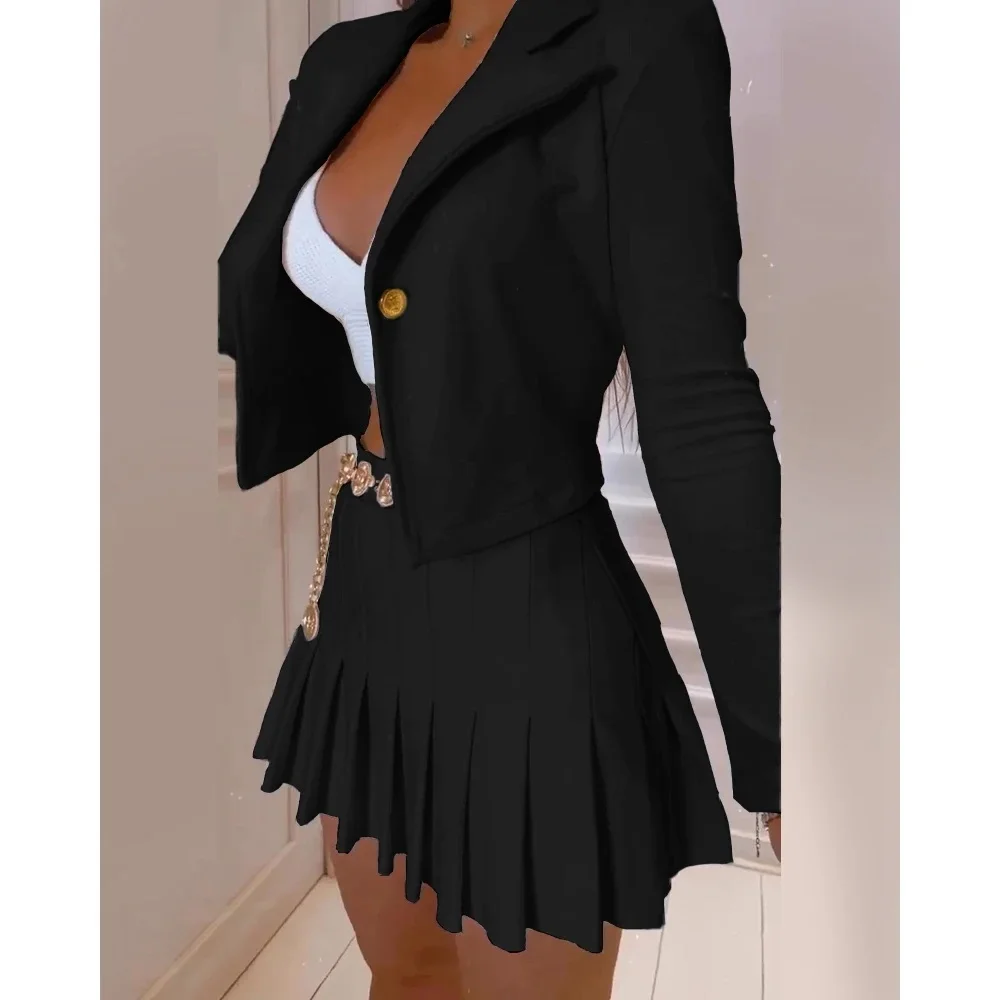 Women's Solid Buttoned Blazer Coat and Chain Decor Pleated Mini Skirts Set Black Long Sleeve Autumn Fashion New 2 Pcs Set