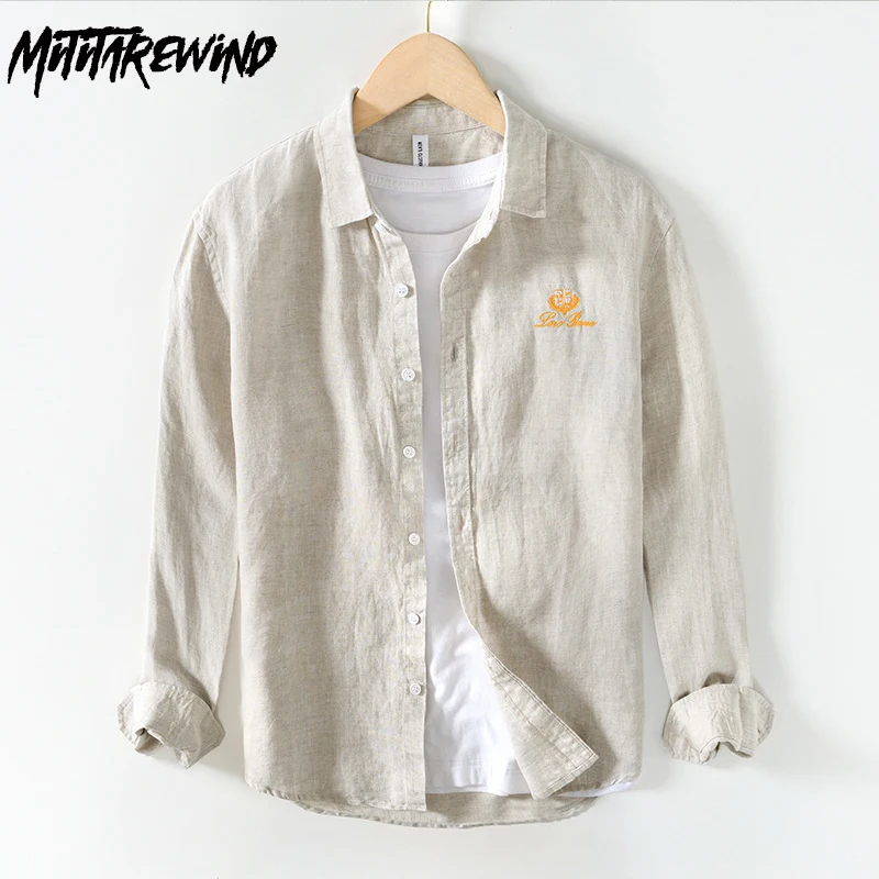 

100% Linen New in Shirt Men Long Sleeve Casual Shirts Solid Embroidered Square Collar Shirt Simple Breathable Tops High Quality