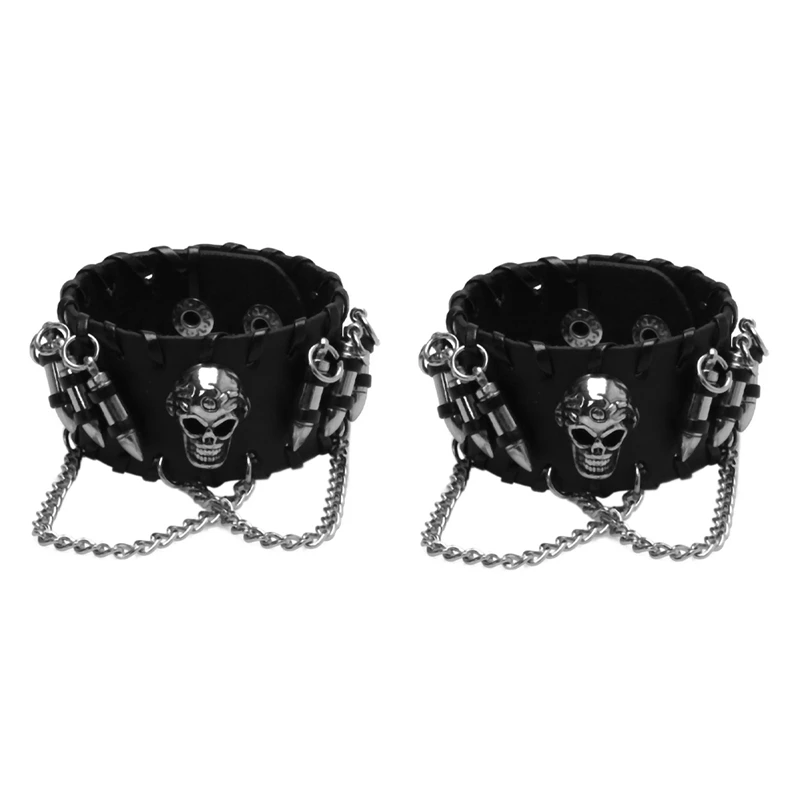 

2X Black Men's Gothic PU Leather Bullet Skull Chain Wristband Bracelets For Men