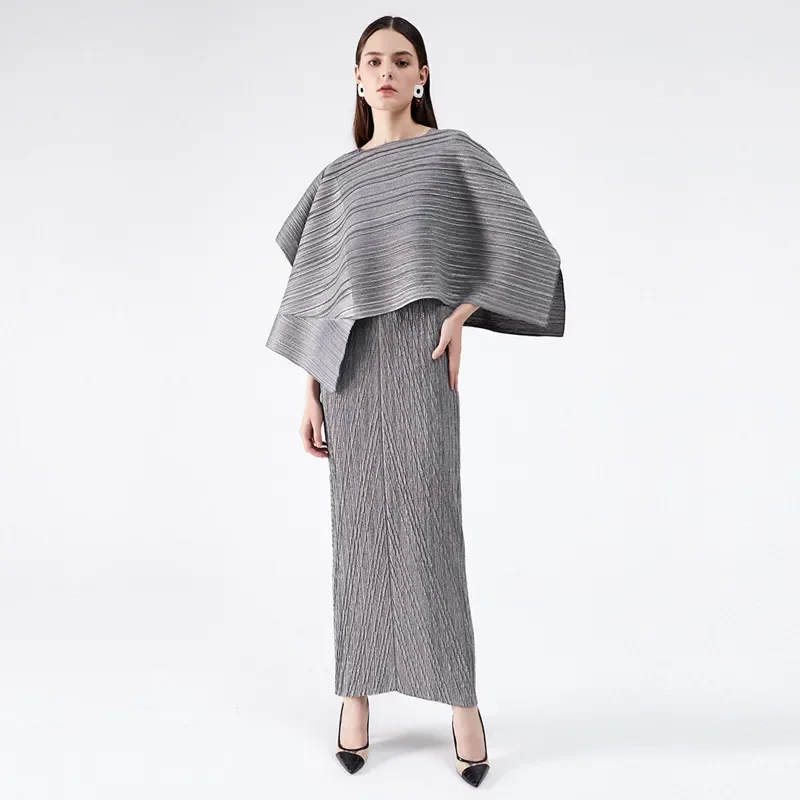 

2023 Spring Miyake Pleated Dresses Two-piece Set Famale Temperament Women Long Evening Party Pleated Dress with Belt Skirt Suit