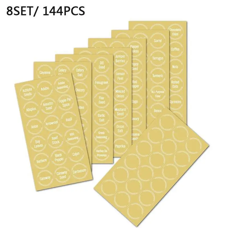 144PCS Spice Jar Labels Set Preprinted Seasoning Stickers For Herb Spice Waterproof Removable Kitchen Storage Labeling Accessory