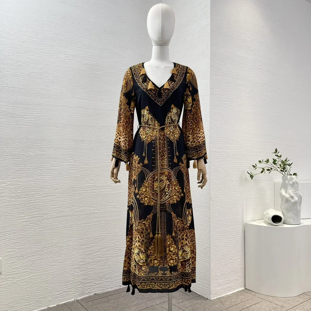 

2024 Latest Luxury Black Golden Leopard Tiger Animals Patterns V Neck Long Sleeve Diamonds Pressed Midi Dress