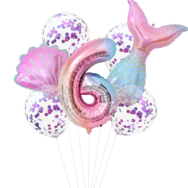 Mermaid Birthday Party Disposable Tableware Set Under The Sea Party Little Mermaid Girls 1st Birthday Decoration Shell Balloons 7pcs number6 set
