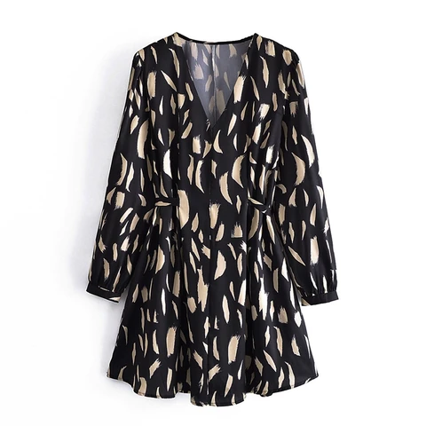 2021 Fashion Women Geometry Print Dress with Slash V Neck Vintage Long Sleeve Office Ladies Mini Dress 3A260
