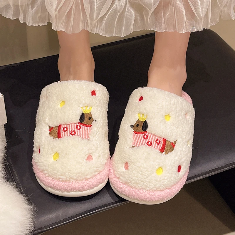 Cute Dog Pattern Home Cotton Slippers for Women Indoor Soft Flat Heel Plush Slides Woman 2025 Anti Slip Warm Bedroom Slippers