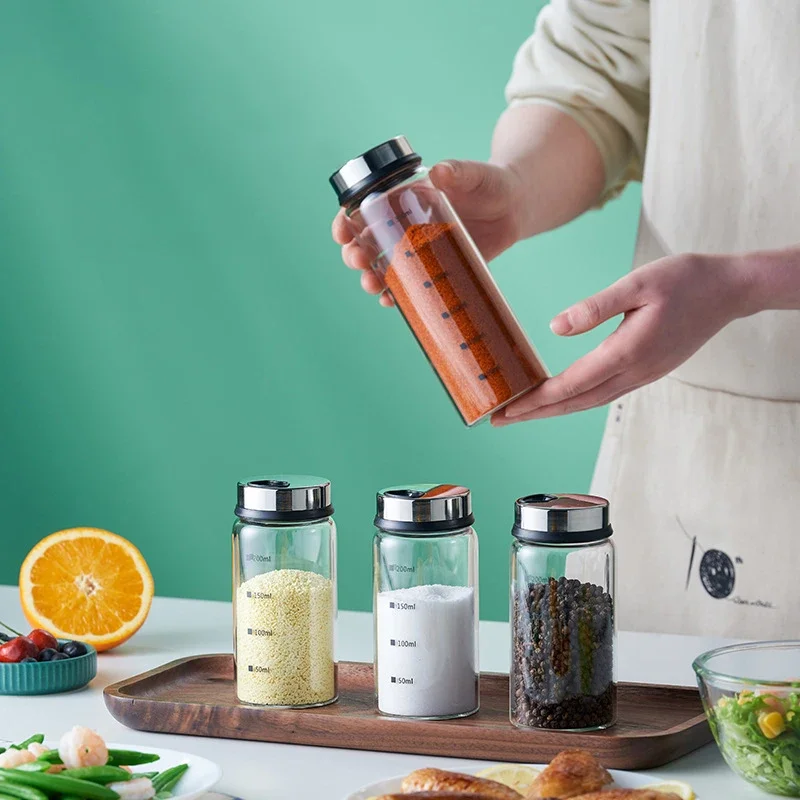 Kitchen Glass Spice Jar with Rotary Lid Condiment Seasoning Bottle