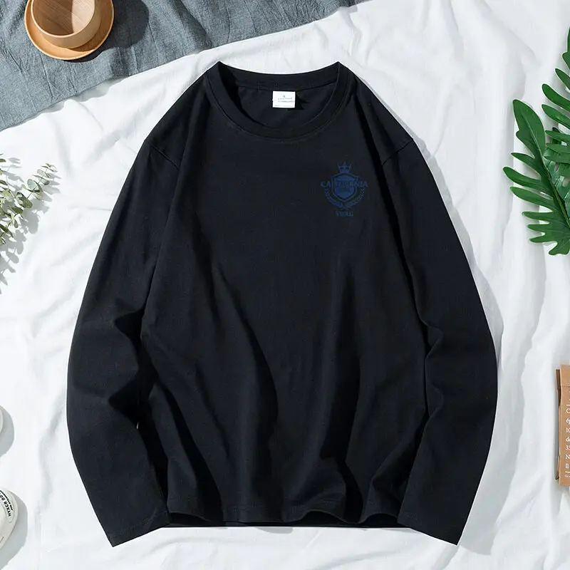 Spring Autumn Men's Solid Cartoon Printed Letter Round Neck Pullover Long Sleeve T-shirt Undershirt Office Lady Vintage Tops