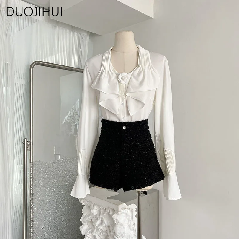 

DUOJIHUI New White Chic Neck Elegant Simple Female Shirts Classic Single Breasted Fashion Simple Solid Color Casual Women Shirt