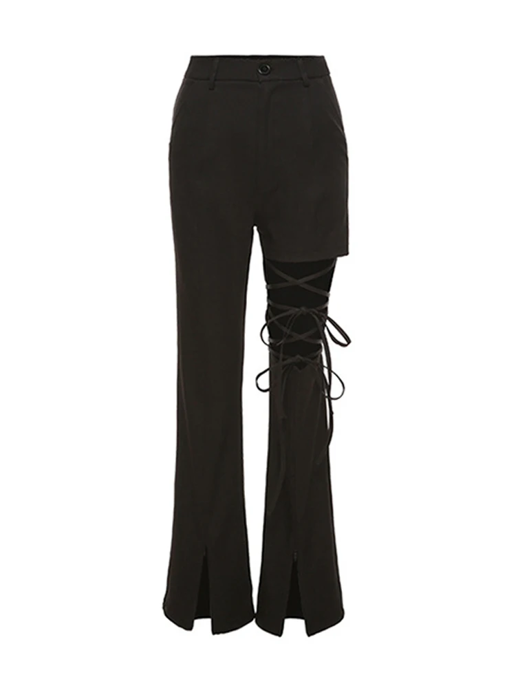

Women Vintage Black High Waist Split Hem Trousers 2023 Fashion New Hollow Out Bandage Design Female Pants Retro Streetwear Chic