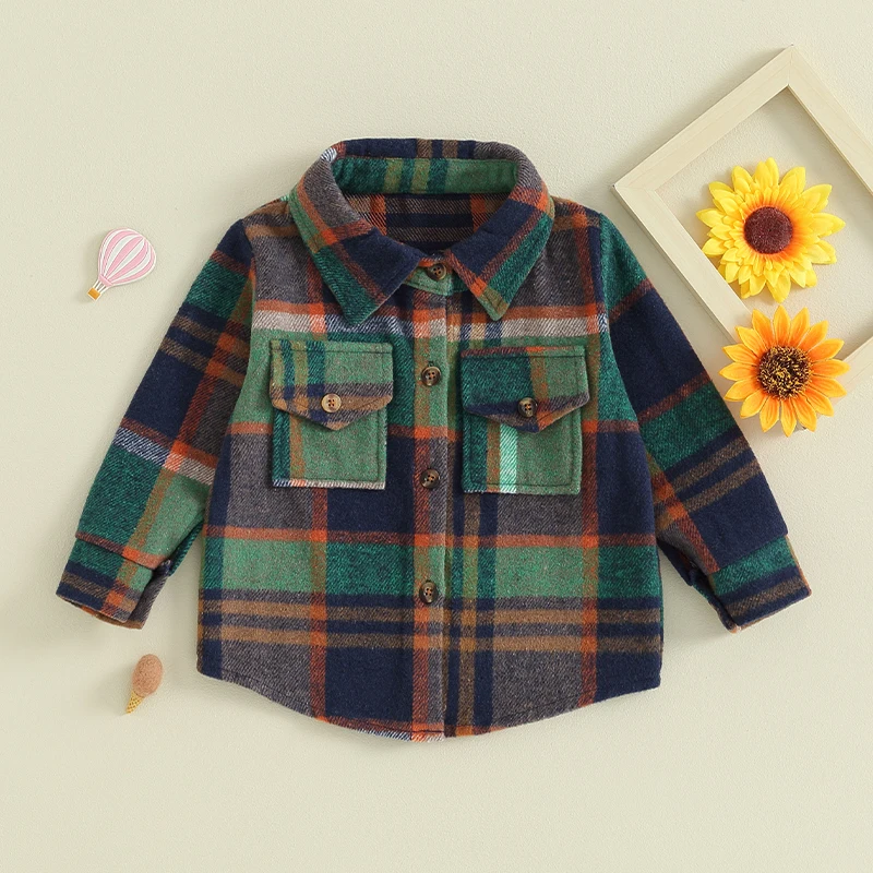 FOCUSNORM 0-4Y Toddler Kids Boys Girls Wool Jackets 3 Colors Long Sleeve Plaid Print Flannel Button Down Shirts Coats girls winter coat,girls outerwear,boys school hooded jacket