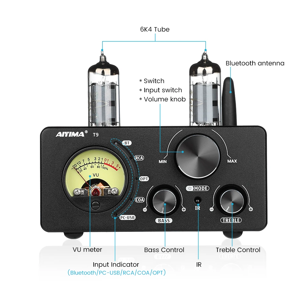 AIYIMA T9 HiFi Bluetooth 5.0 Vacuum Tube Amplifier USB DAC Stereo Amplificador COAX OPT Home Audio Power Amplifier VU Meter 100W