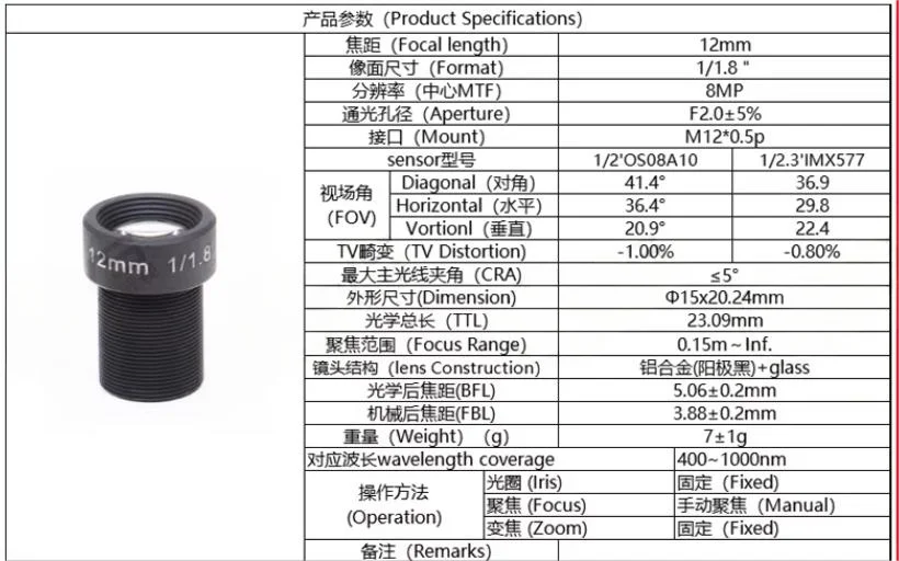 12mm 고화질 렌즈, 8메가픽셀 저왜곡 렌즈, 1/1.8인치 M12 카메라 렌즈