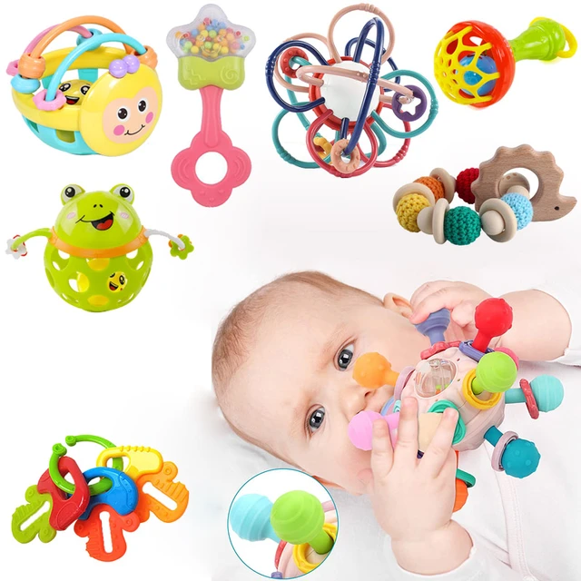 Juguetes Montessori para el desarrollo del bebé, juego de sonajeros,  mordedores, Bola de actividad de agarre, juguetes sensoriales para bebés de  0 a 12 meses - AliExpress