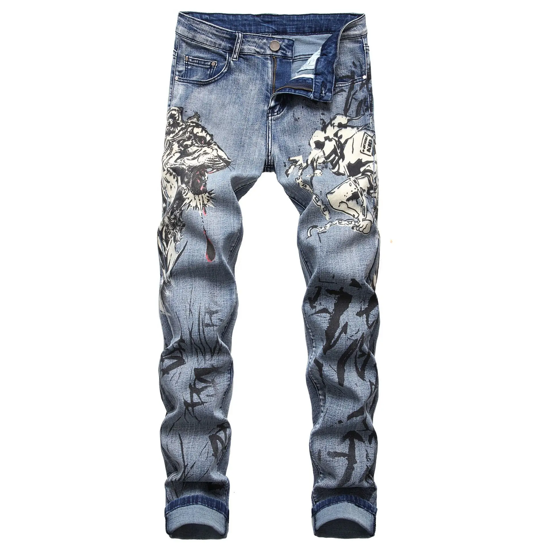 Blue Men's Jeans 3D Digital Print Stretch Denim Pants Blue Black White Trousers Men Fashion Slacks 28-34 36 38 40 42 3