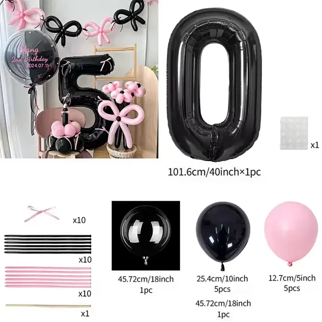 Pink Balloon Set - 45 Pieces with Black Number Balloons 0-9 for Girls Birthday  Anniversary Decoration