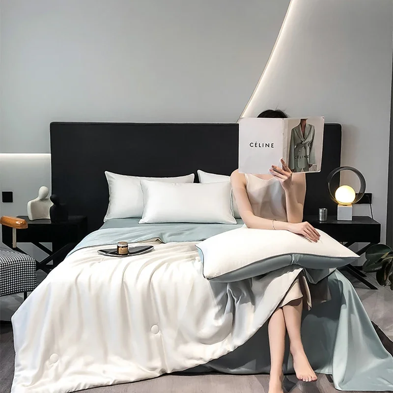 

New Summer Cool Quilt For Bed Skin-friendly High-grade Ice Silk Air-condition NapThin Cooling Size Queen Blanket Quilt/Comforter