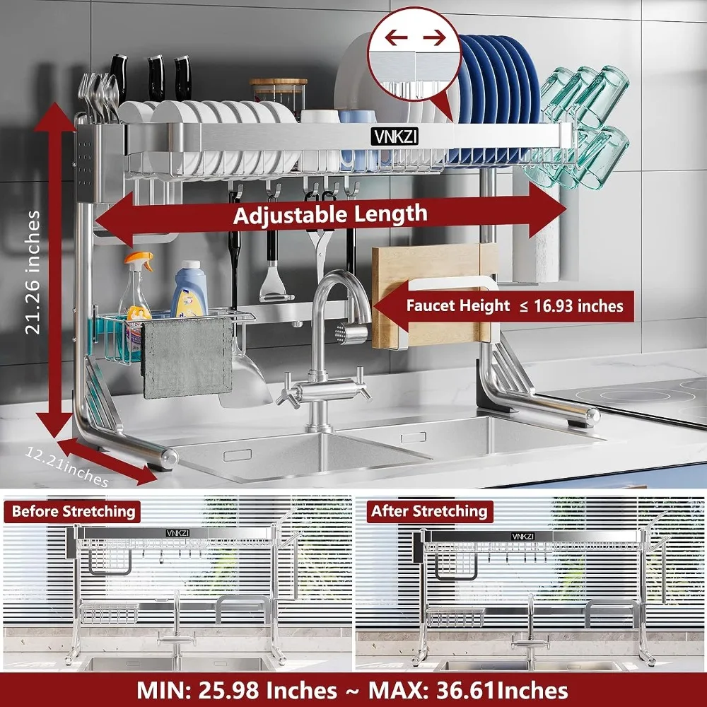 Over Sink Dish Drying Rack, 2 Tier Full Stainless Steel Storage Adjustable  Kitchen Rack, Multifunctional Expandable 2
