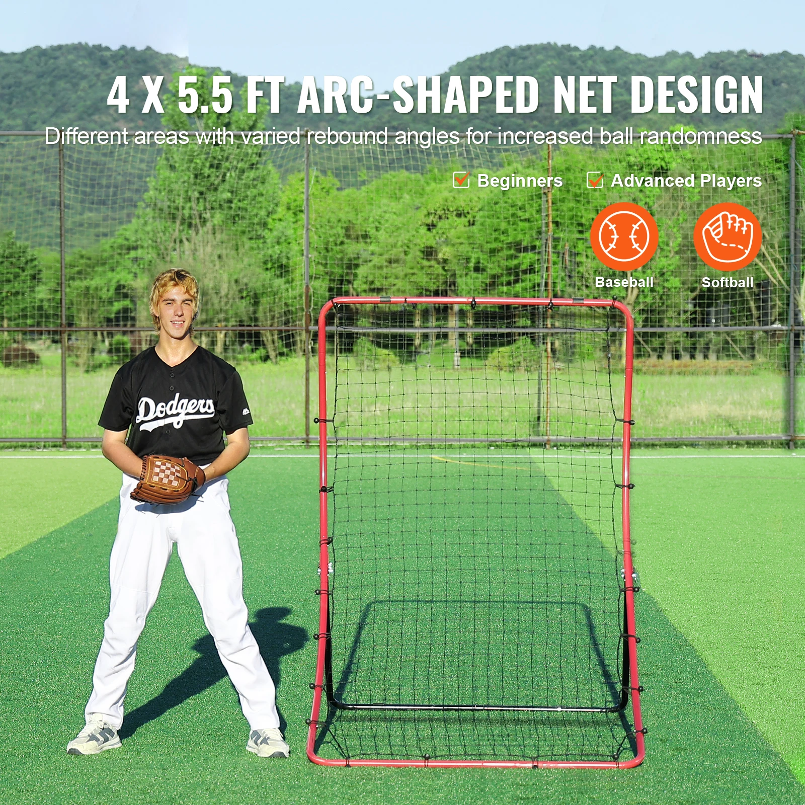 SucceBuy 4 x 5.5ft Baseball And Softball Rebounder Net PitchBack Baseball Trainer Rebound Net All Angle for Grounders Pop Flies