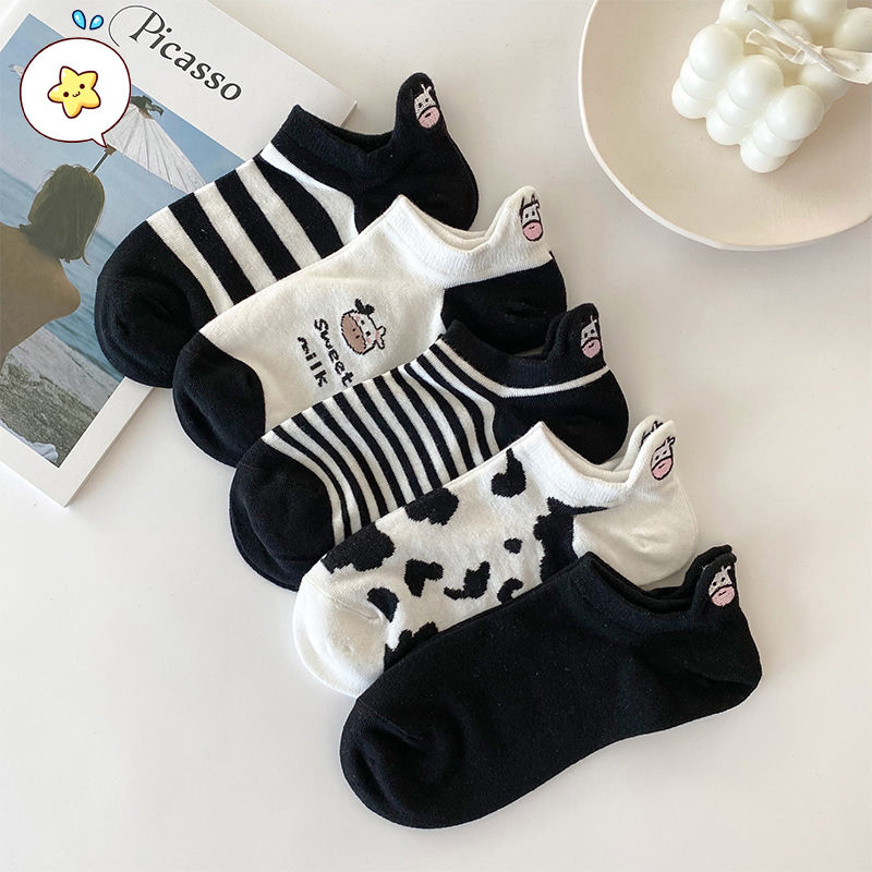 5 Pairs Funny Cow Print Socks Cute Fashion Cartoon Low Cut Ankle Socks For Women And Men