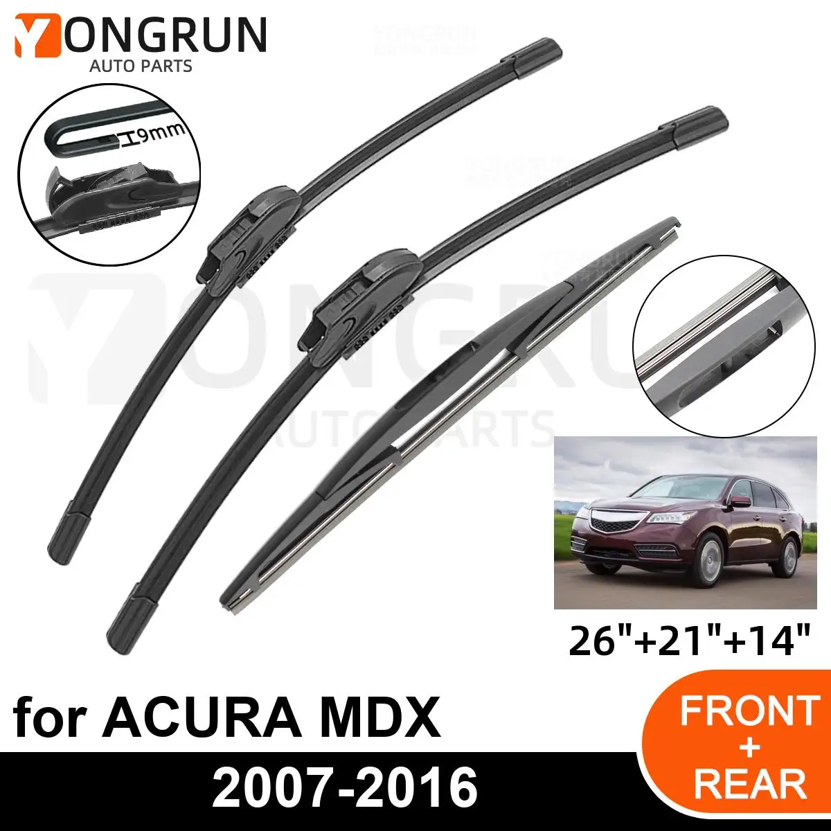 

3PCS Car Wiper for ACURA MDX 2007-2016 Front Rear Windshield Windscreen Wiper Blade Rubber Accessories
