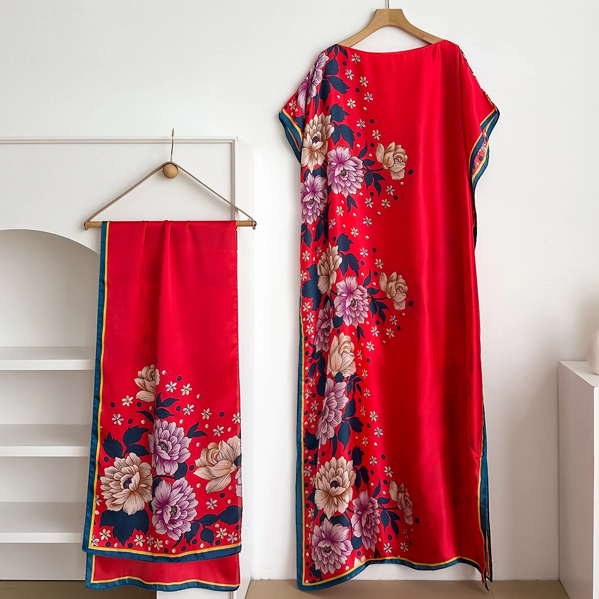 NEW Fashion Summer Dress With Big Scarf Dubai Turkey Kaftan Muslim Loose Abaya Women African Casual Maxi Flower Shawl Robe