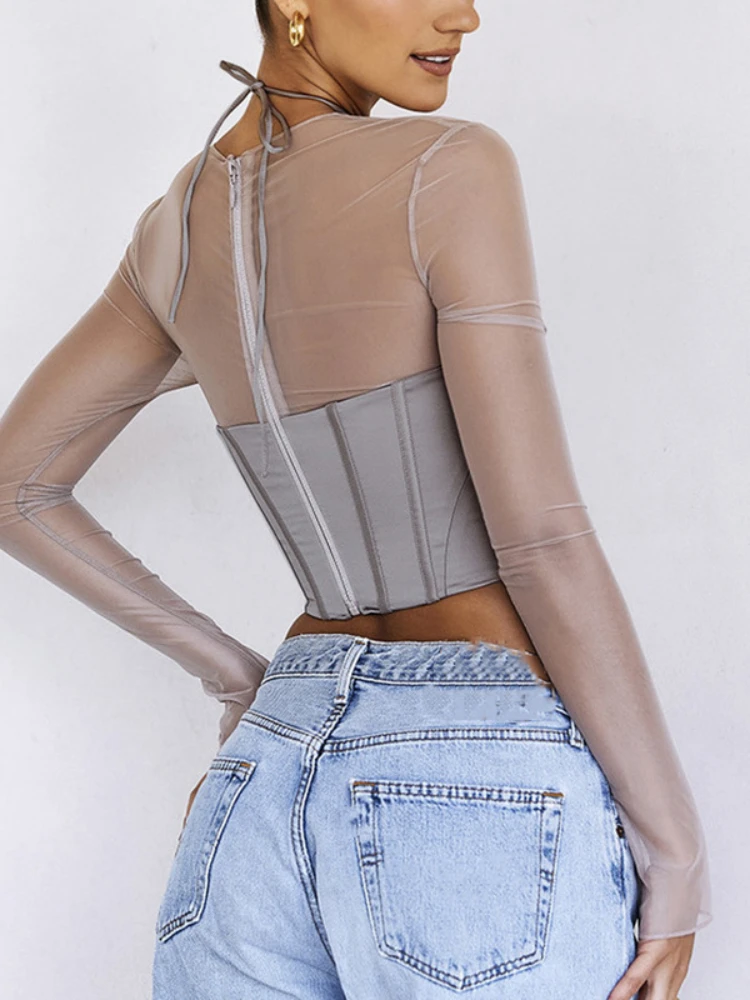 Asymmetrical See Through Sexy Women Clothes Solid Sheer Grey Elegant Corset Tops Club Mesh Outfits Long Sleeve Streetwear