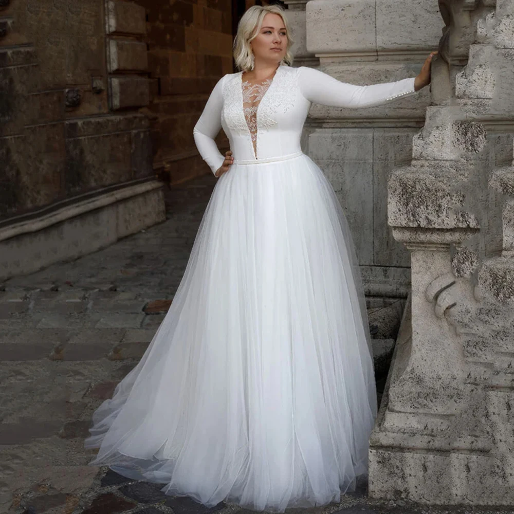 

Wedding Dress A-line Long Sleeve Tulle Skirt Oversized Sexy V Neck Lace Exquisite Bride Gown Illusion فستان حفلات الزفاف