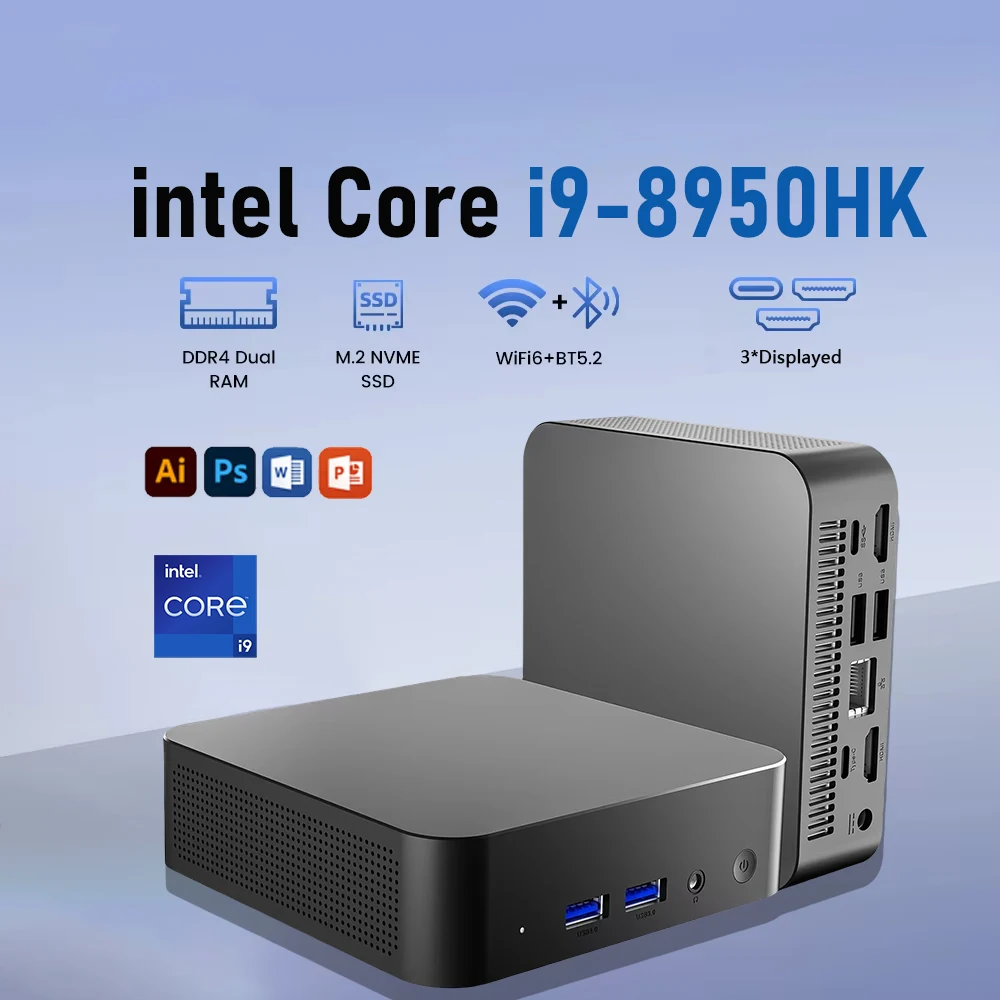 2025 미니 PC 인텔 코어 i9-8950HK 프로세서 16GB LPDDR4 1/2TB M.2 SSD 게이머 미니 PC Windows 11 Pro, WIFI6 BT5.2 포함