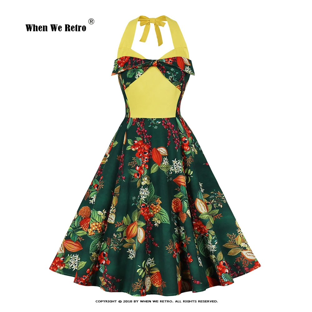 

2023 New V-Neck Bow Retro Floral Print Halter Vintage Dress For Women 50s Rockabilly Sexy Party Summer A Line Flare Dress VD3760