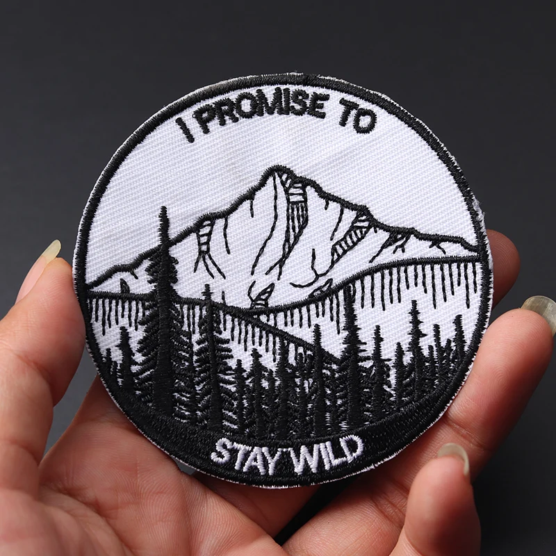 

Black and white mountain peak forest size: 7.5x7.5cm Patch Embroidered Badges Iron On DIY For Clothes Stickers Badge circular